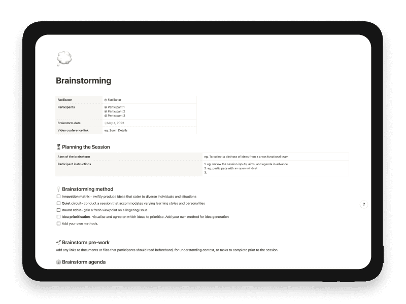 Brainstorming Notion Startup Template