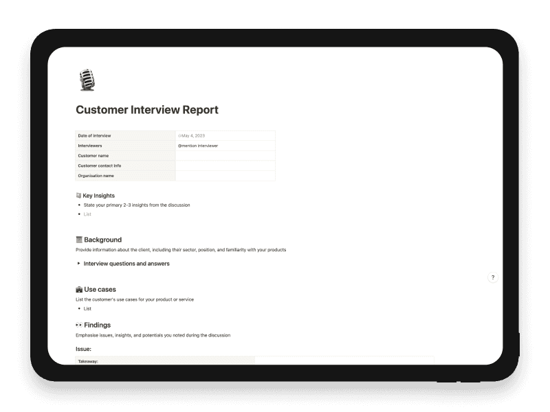 Customer Interview Report Notion Startup Template