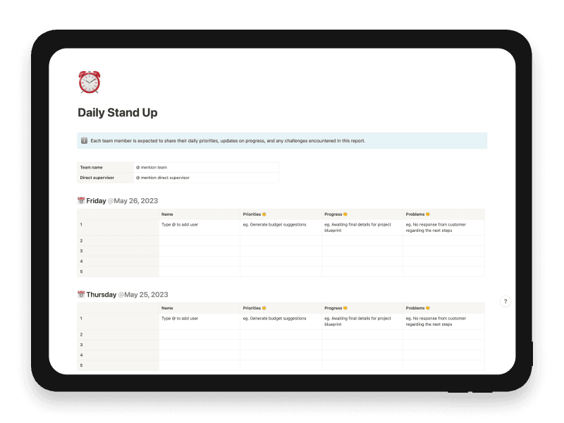 Daily Stand Up Notion Startup Template