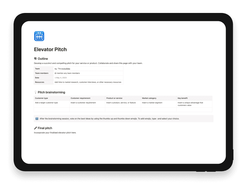 Elevator Pitch Notion Startup Template