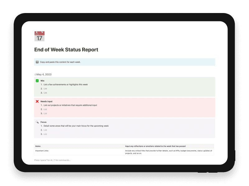 End of Week Status Report Notion Startup Template