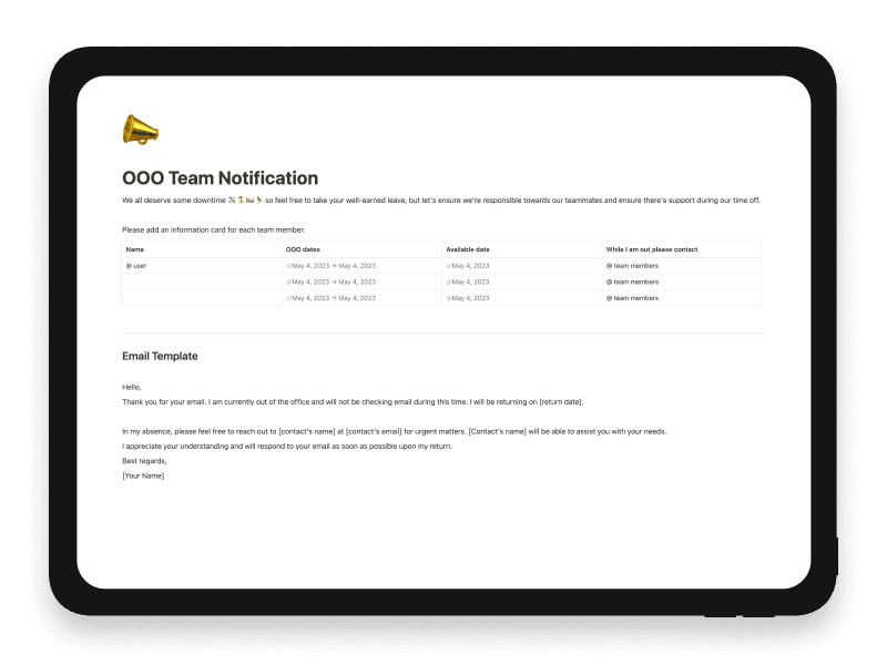 OOO Team Notification Notion Template