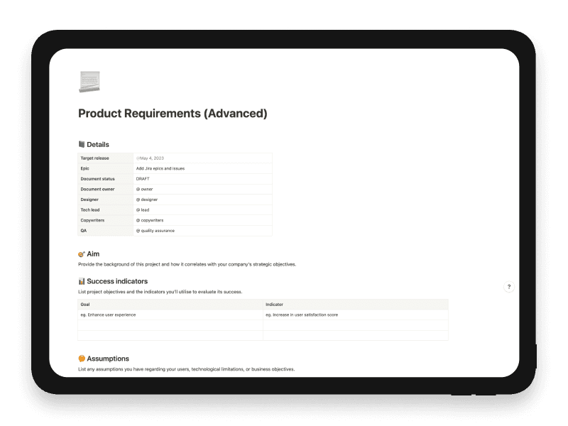 Product Requirements (Advanced) Notion Startup Template