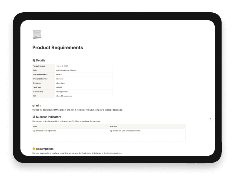 Product Requirements Notion Startup Template