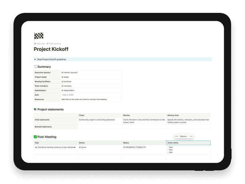 Project Kickoff Notion Startup Template