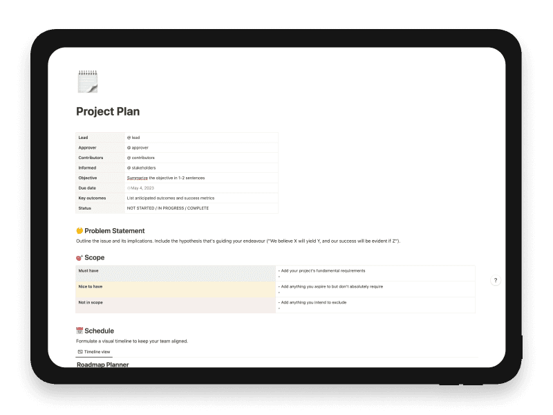 Project Plan Notion Startup Template
