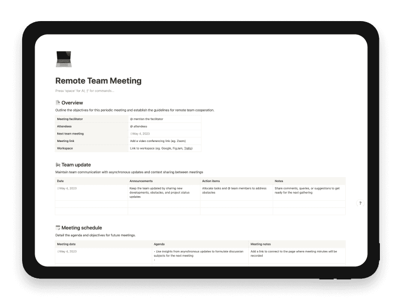 Remote Team Meeting Notion Startup Template