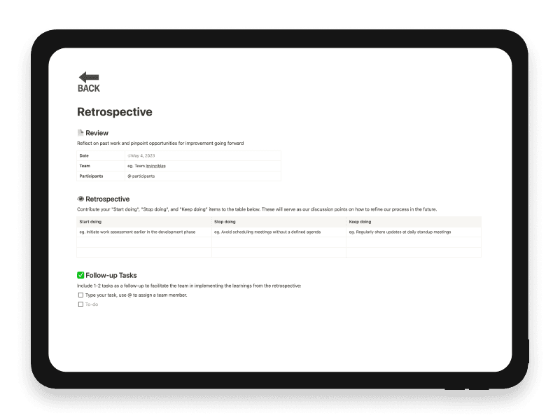 Retrospective Notion Startup Template