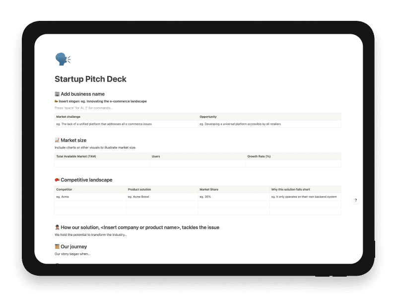 Startup Pitch Deck Notion Startup Template