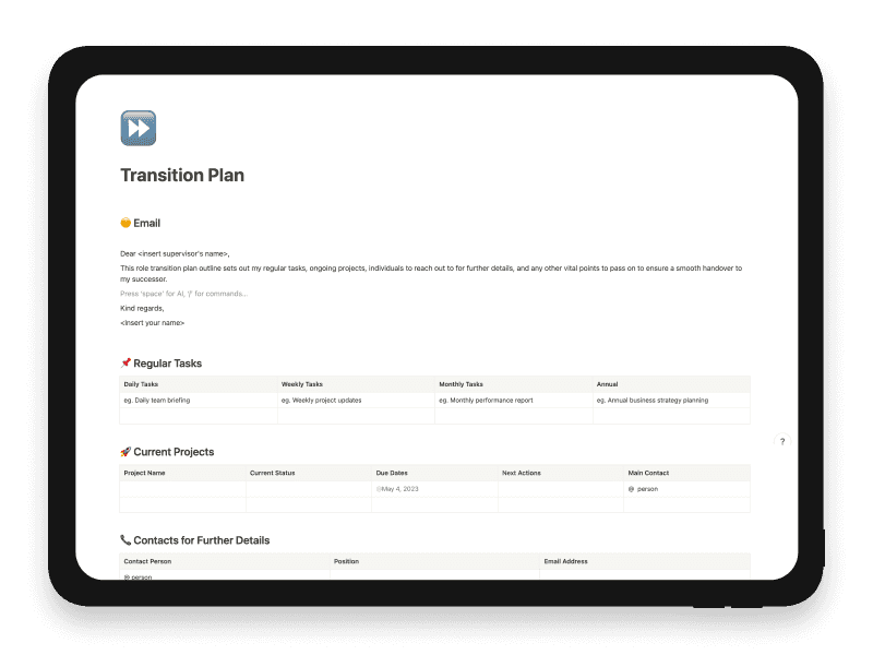 Transition Plan Notion Startup Template