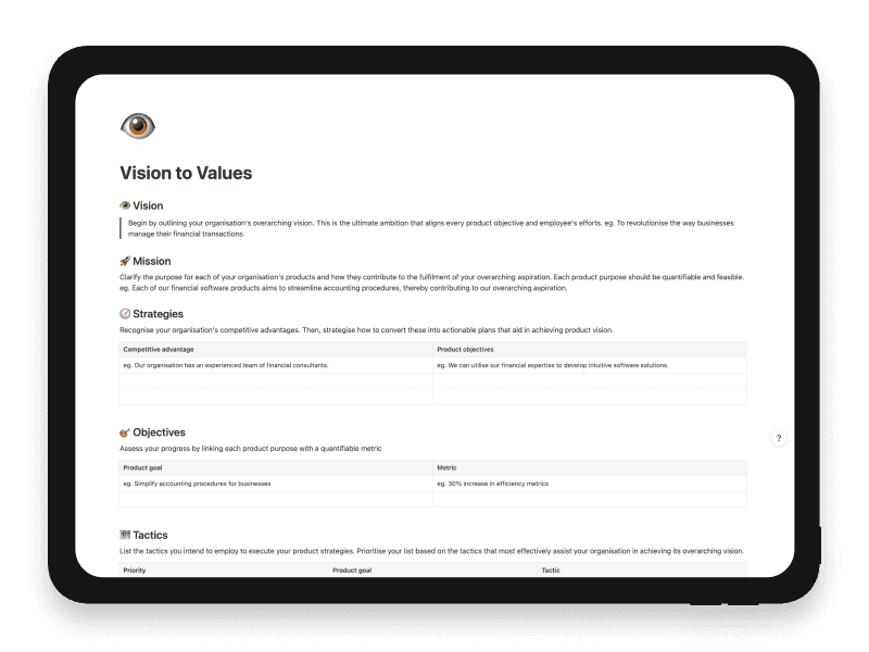 Vision to Values Notion Startup Template